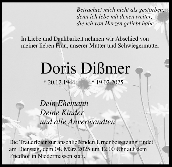 Traueranzeige von Doris Dißmer von Hellweger Anzeiger