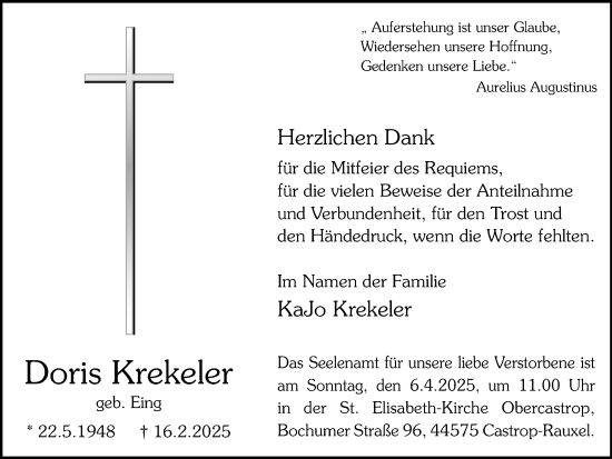 Traueranzeige von Doris Krekeler von Ruhr Nachrichten