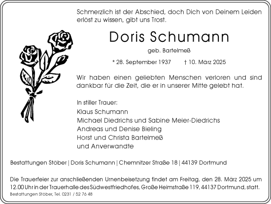 Traueranzeige von Doris Schumann von Ruhr Nachrichten