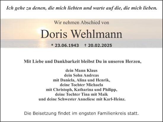 Traueranzeige von Doris Wehlmann von Trauer Vest