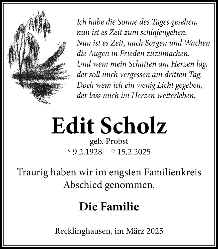  Traueranzeige für Edit Scholz vom 15.03.2025 aus Trauer Vest
