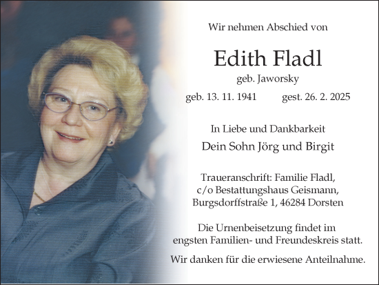 Traueranzeige von Edith Fladl von Ruhr Nachrichten und Dorstener Zeitung