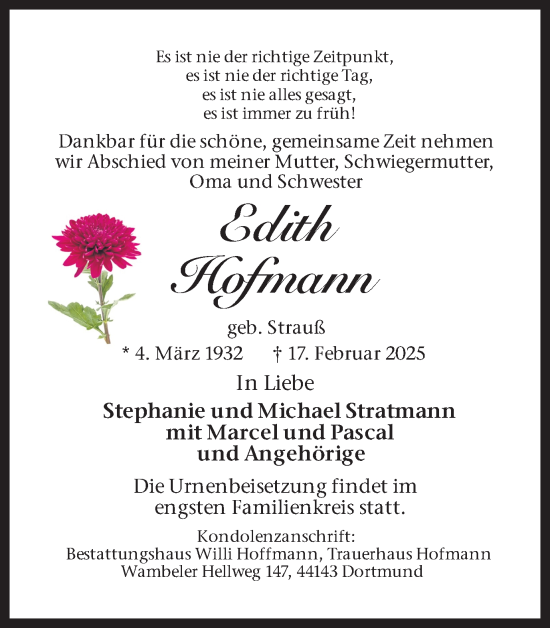 Traueranzeige von Edith Hofmann von Ruhr Nachrichten
