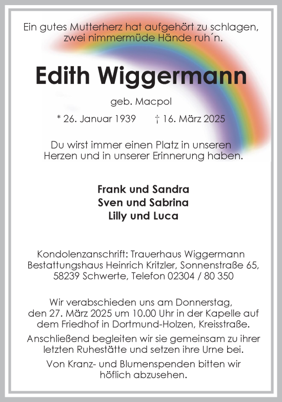 Traueranzeige von Edith Wiggermann von Ruhr Nachrichten