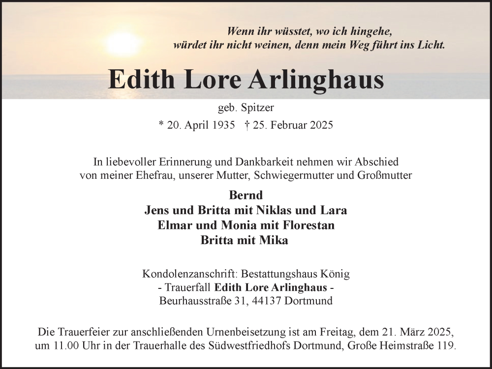  Traueranzeige für Edith Lore Arlinghaus vom 08.03.2025 aus Ruhr Nachrichten