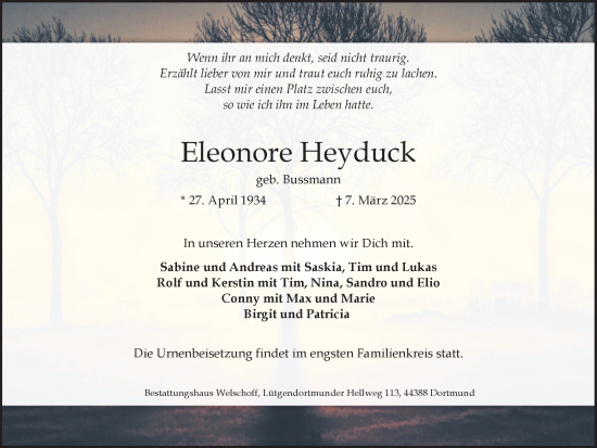 Traueranzeige von Eleonore Heyduck von Ruhr Nachrichten
