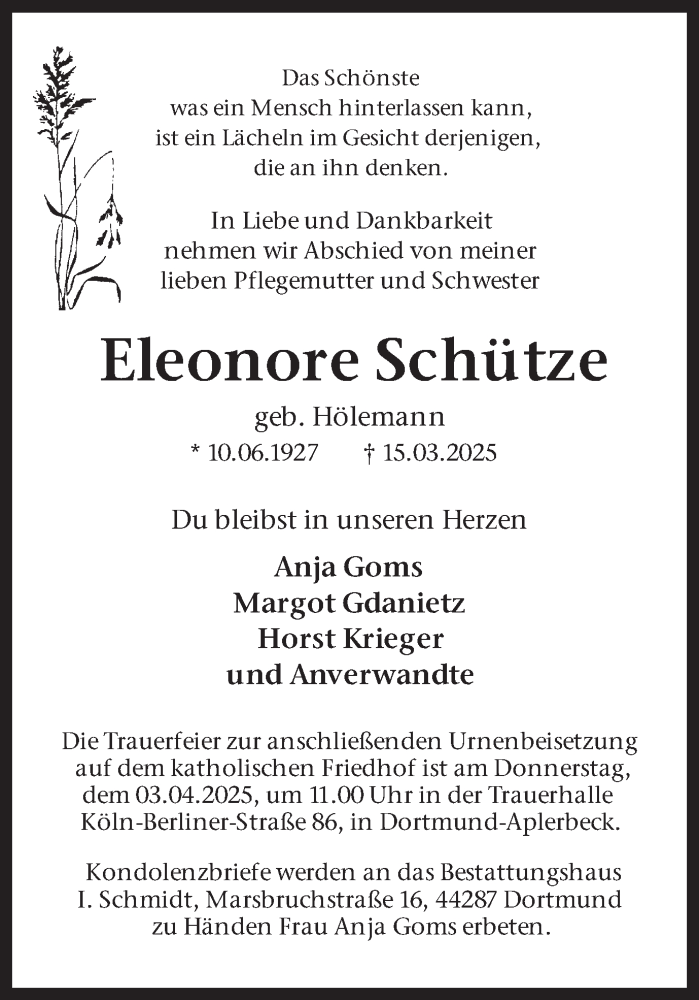  Traueranzeige für Eleonore Schütze vom 22.03.2025 aus Ruhr Nachrichten