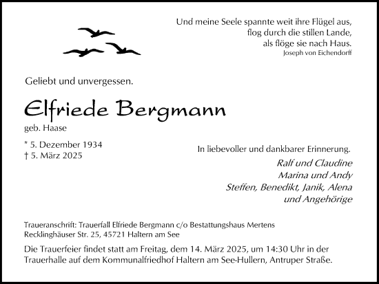 Traueranzeige von Elfriede Bergmann von Ruhr Nachrichten und Halterner Zeitung