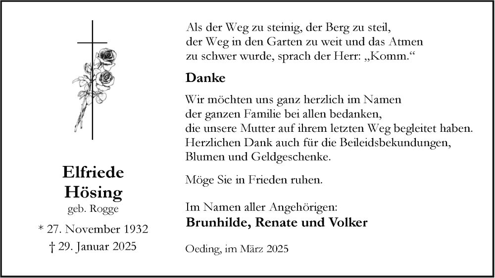  Traueranzeige für Elfriede Hösing vom 26.03.2025 aus Münsterland Zeitung