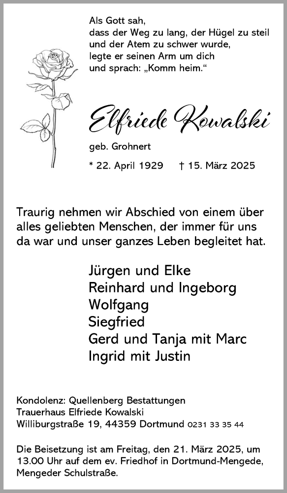  Traueranzeige für Elfriede Kowalski vom 19.03.2025 aus Ruhr Nachrichten