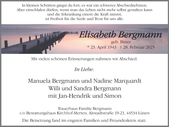 Traueranzeige von Elisabeth Bergmann von Lüner Anzeiger