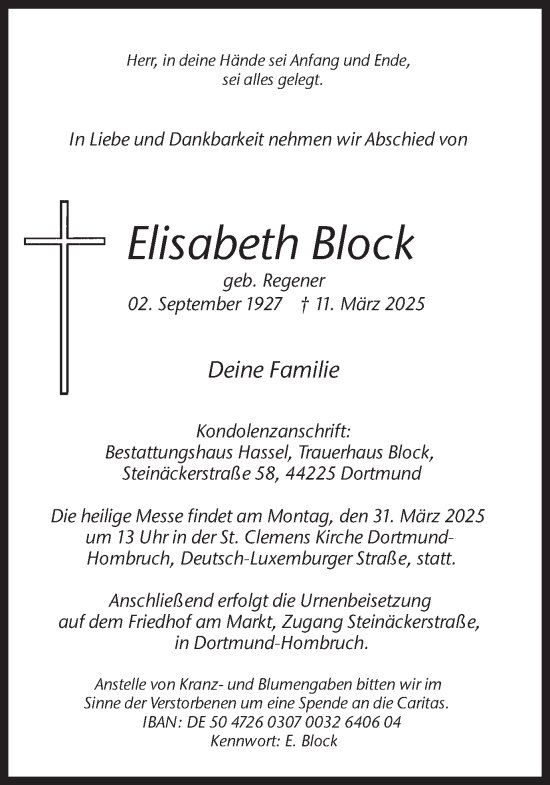 Traueranzeige von Elisabeth Block von Ruhr Nachrichten