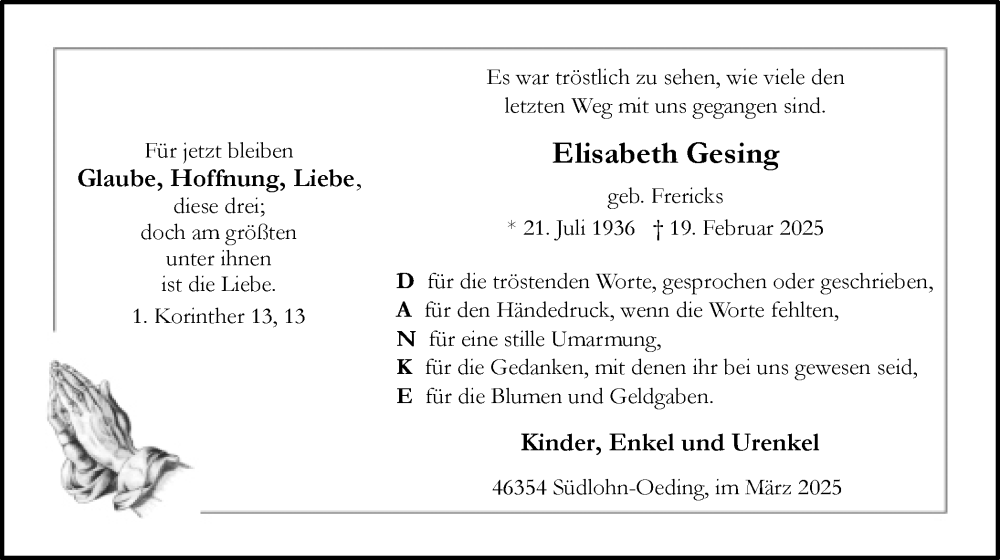  Traueranzeige für Elisabeth Gesing vom 27.03.2025 aus Münsterland Zeitung