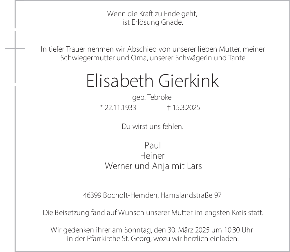  Traueranzeige für Elisabeth Gierkink vom 26.03.2025 aus 