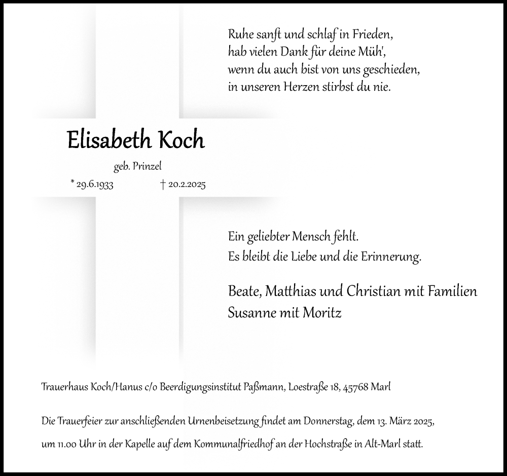  Traueranzeige für Elisabeth Koch vom 01.03.2025 aus Trauer Vest