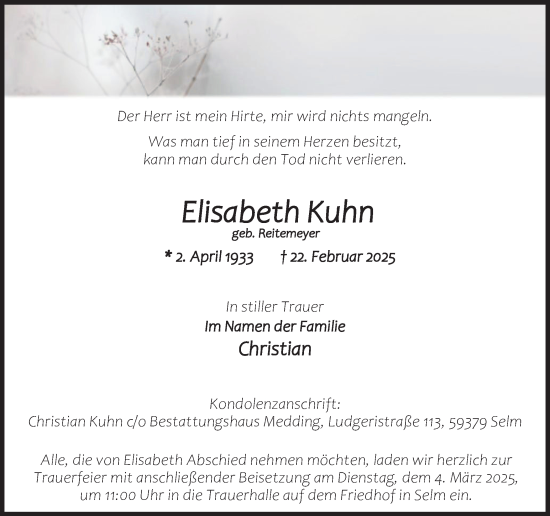 Traueranzeige von Elisabeth Kuhn von Ruhr Nachrichten