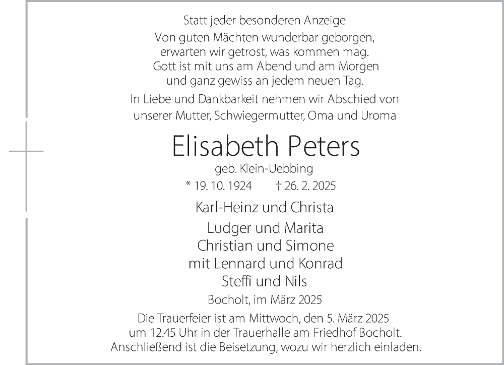  Traueranzeige für Elisabeth Peters vom 01.03.2025 aus 