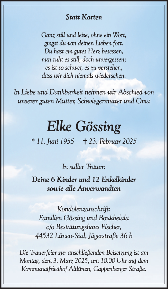 Traueranzeige von Elke Gössing von Lüner Anzeiger