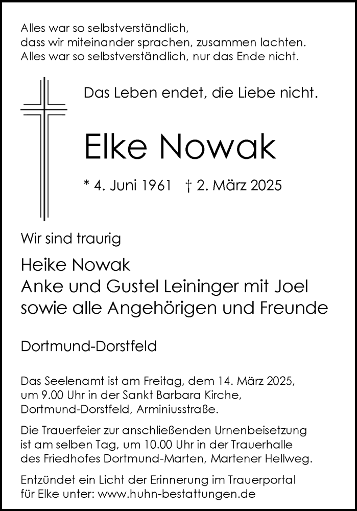  Traueranzeige für Elke Nowak vom 08.03.2025 aus Ruhr Nachrichten