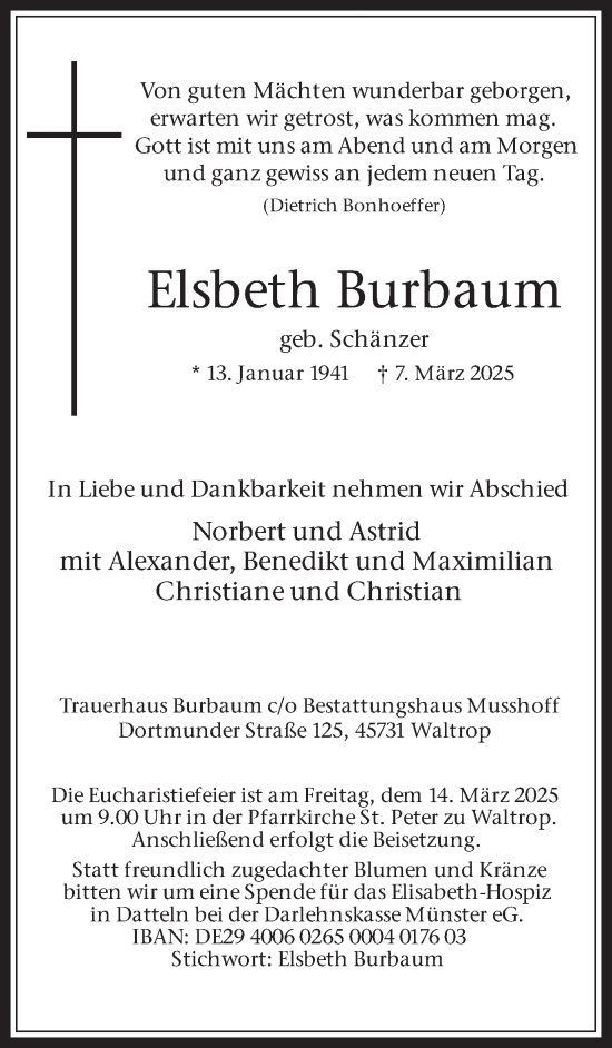 Traueranzeige von Elsbeth Burbaum von Trauer Vest