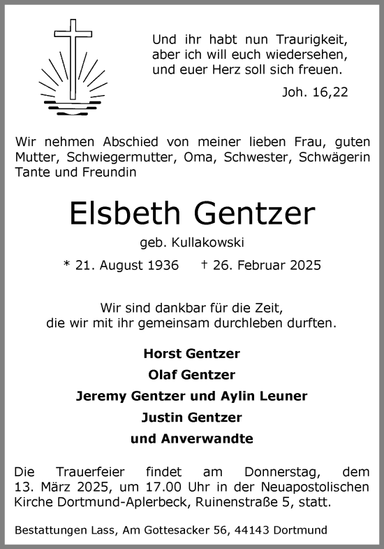 Traueranzeige von Elsbeth Gentzer von Ruhr Nachrichten