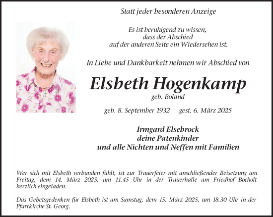 Traueranzeige von Elsbeth Hogenkamp 