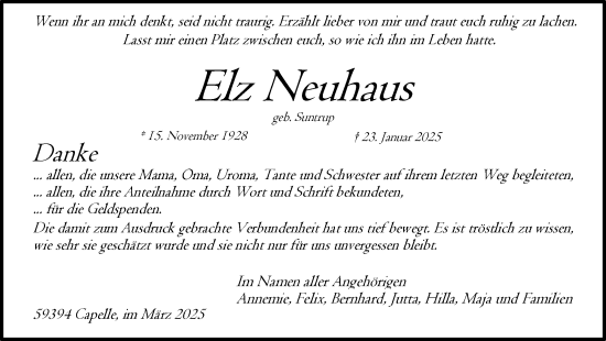 Traueranzeige von Elz Neuhaus von Ruhr Nachrichten