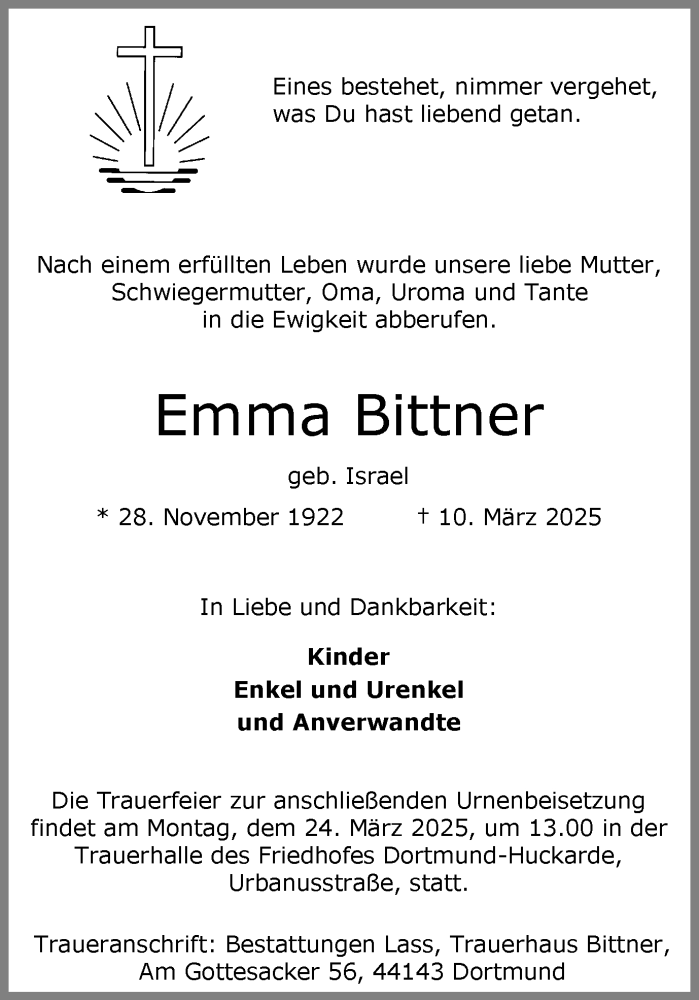  Traueranzeige für Emma Bittner vom 15.03.2025 aus Ruhr Nachrichten