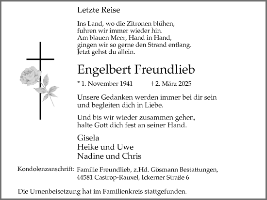 Traueranzeige von Engelbert Freundlieb von Stadtanzeiger Castrop-Rauxel