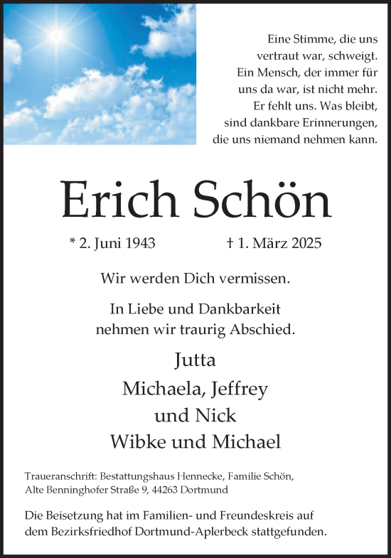 Traueranzeige von Erich Schön von Ruhr Nachrichten