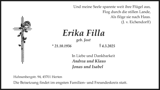 Traueranzeige von Erika Filla von Trauer Vest