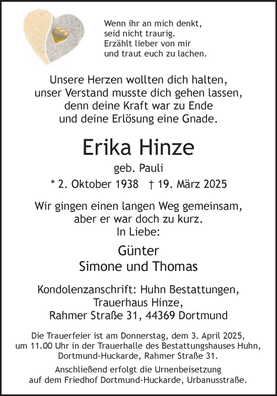 Traueranzeige von Erika Hinze von Ruhr Nachrichten
