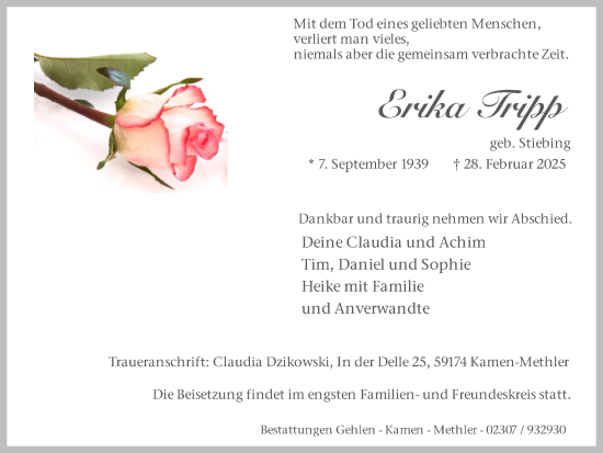 Traueranzeige von Erika Tripp von Hellweger Anzeiger