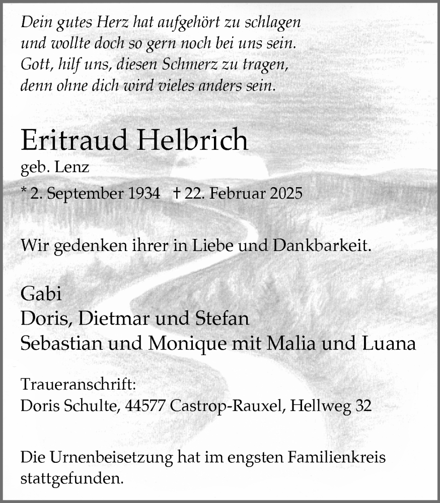  Traueranzeige für Eritraud Helbrich vom 08.03.2025 aus Stadtanzeiger Castrop-Rauxel