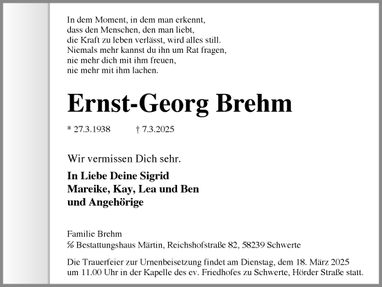 Traueranzeige von Ernst-Georg Brehm von Ruhr Nachrichten