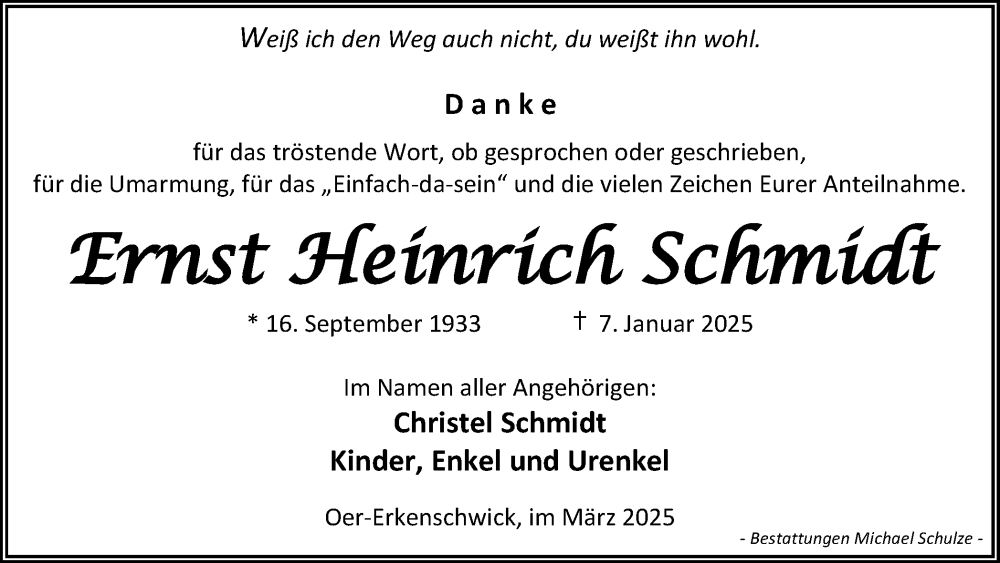  Traueranzeige für Ernst Heinrich Schmidt vom 08.03.2025 aus Trauer Vest