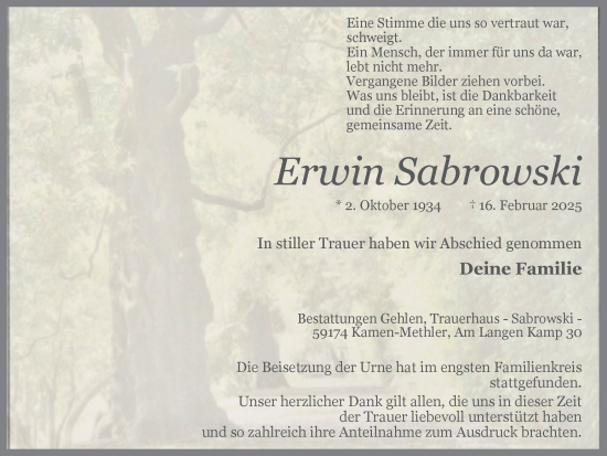 Traueranzeige von Erwin Sabrowski von Hellweger Anzeiger