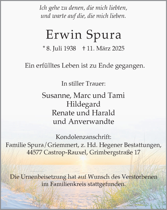 Traueranzeige von Erwin Spura von Stadtanzeiger Castrop-Rauxel