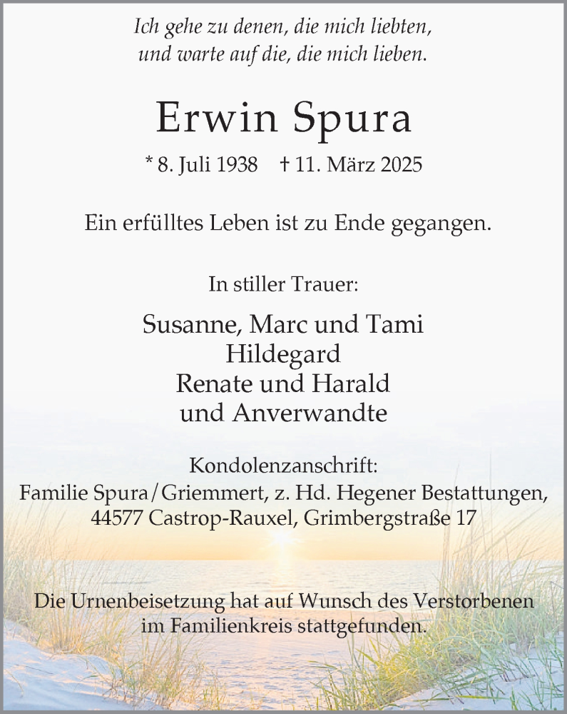  Traueranzeige für Erwin Spura vom 29.03.2025 aus Stadtanzeiger Castrop-Rauxel