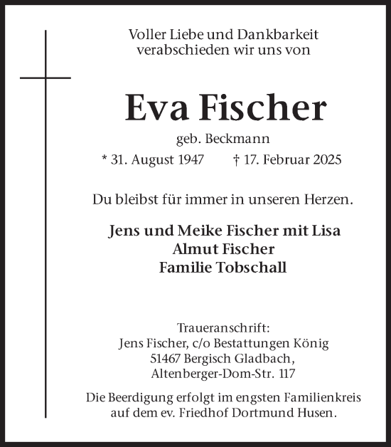 Traueranzeige von Eva Fischer von Ruhr Nachrichten