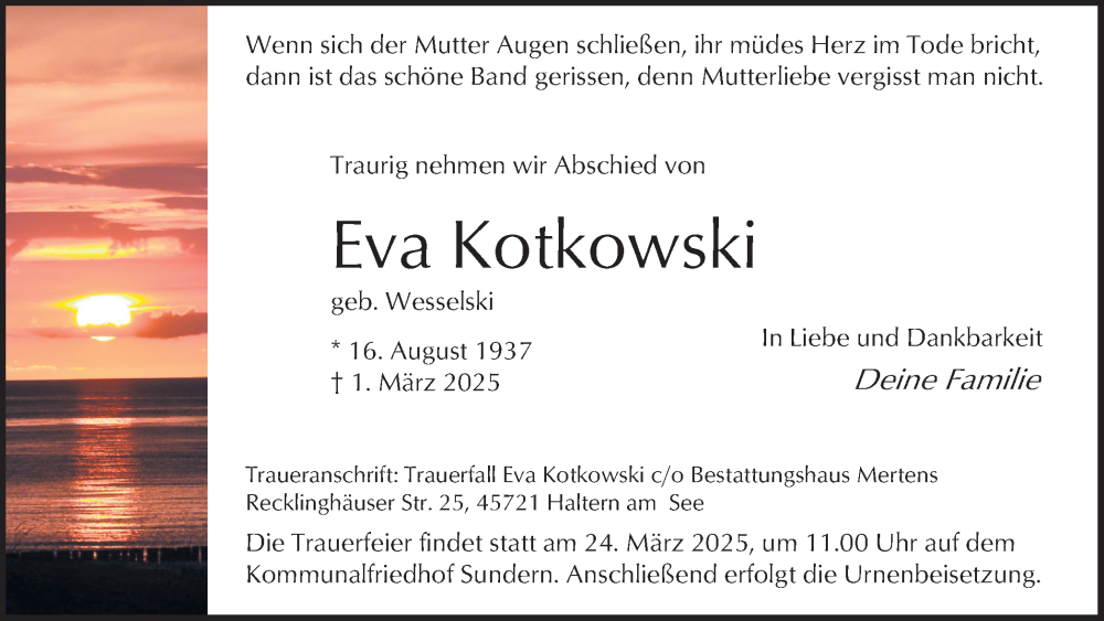  Traueranzeige für Eva Kotkowski vom 15.03.2025 aus Ruhr Nachrichten und Halterner Zeitung