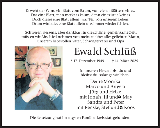 Traueranzeige von Ewald Schlüß 
