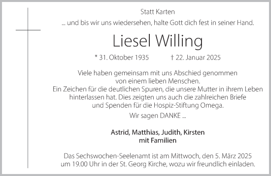 Traueranzeige von Liesel Willing von Bocholter Borkener Volksblatt