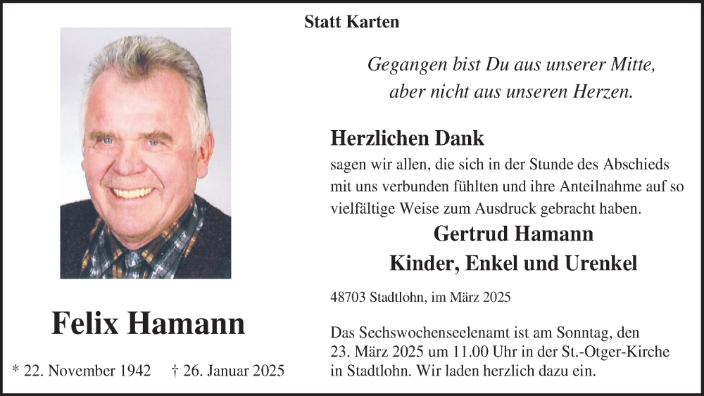  Traueranzeige für Felix Hamann vom 19.03.2025 aus Münsterland Zeitung
