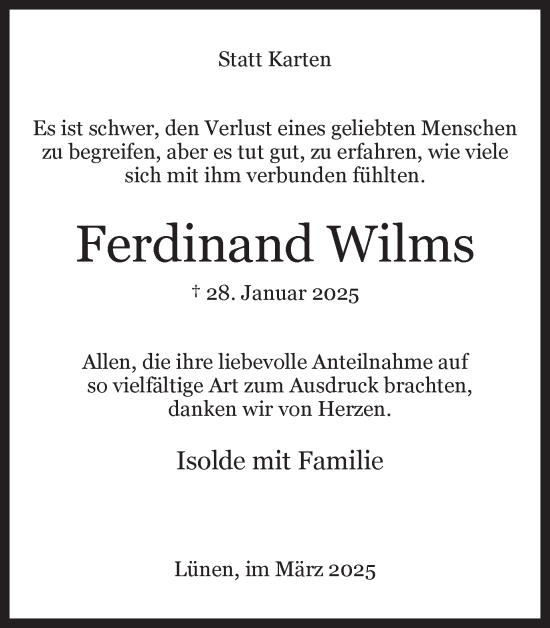 Traueranzeige von Ferdinand Wilms von Ruhr Nachrichten
