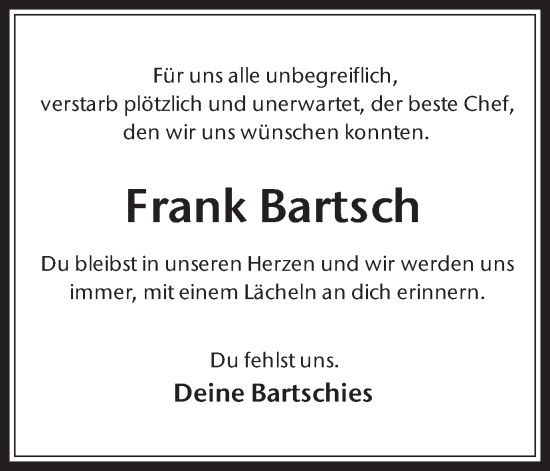 Traueranzeige von Frank Bartsch von Trauer Vest