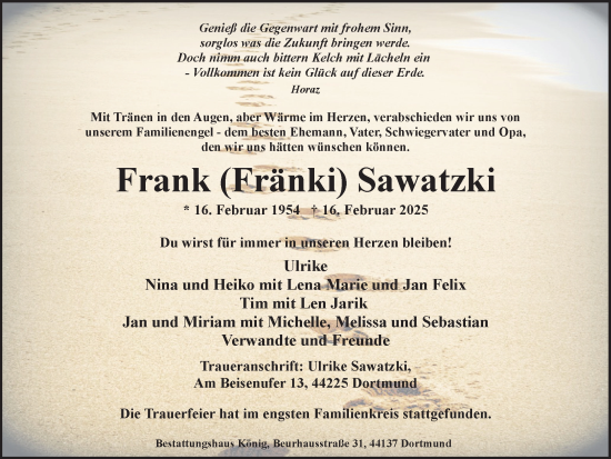 Traueranzeige von Frank Sawatzki von Ruhr Nachrichten