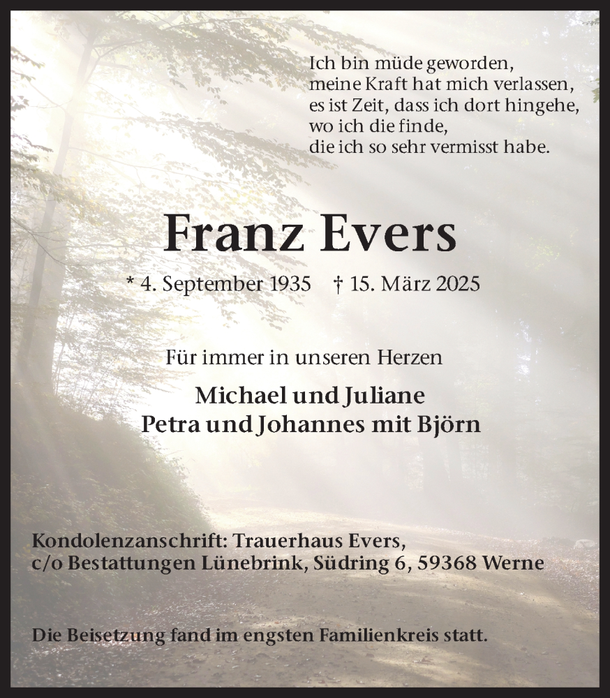 Traueranzeige für Franz Evers vom 29.03.2025 aus Ruhr Nachrichten