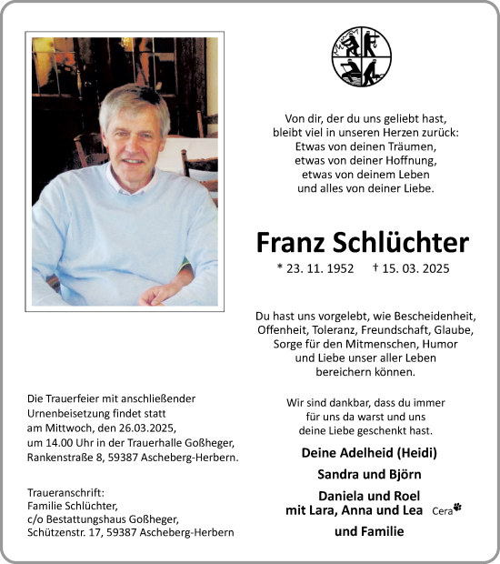 Traueranzeige von Franz Schlüchter von Ruhr Nachrichten
