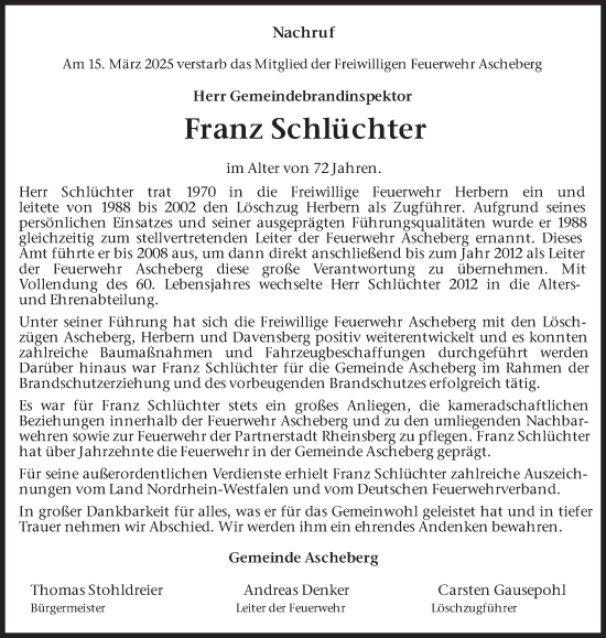 Traueranzeige von Franz Schlüchter von Ruhr Nachrichten